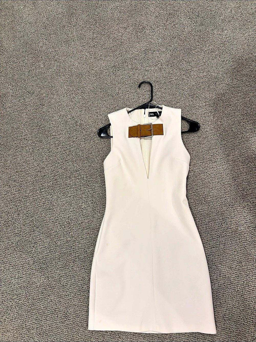 Zara Mini Buckle Fitted Dress with Tab White Mini Dress